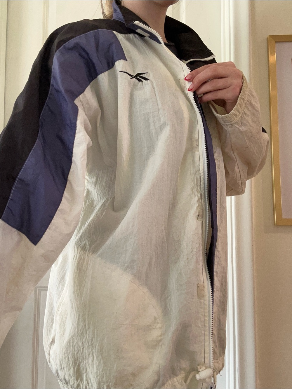 Vintage Reebok White, Navy and Black Retro Track Jacket/Windbreaker